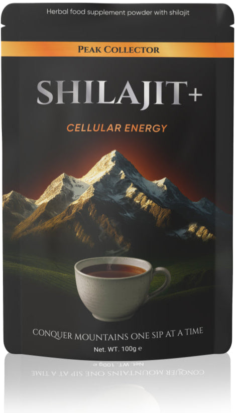 Shilajit supplement package with mountain and tea cup design on a reflective surface