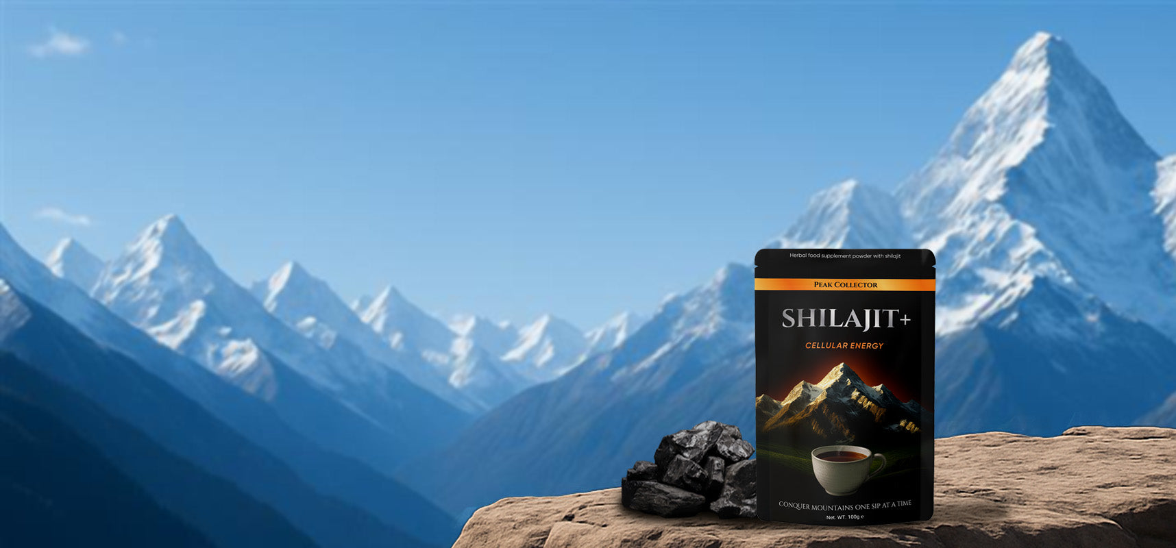 Shilajit product packaging with mountains in the background