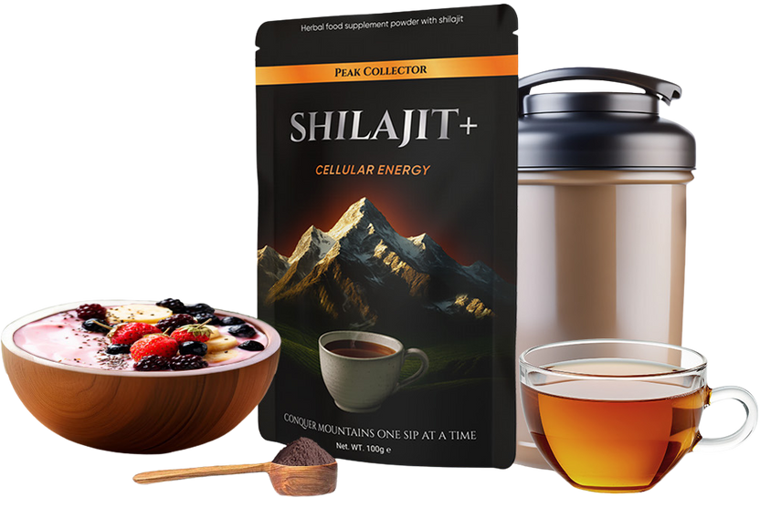 Shilajit product with a bowl of fruit, a cup of tea, and a container on a white background
