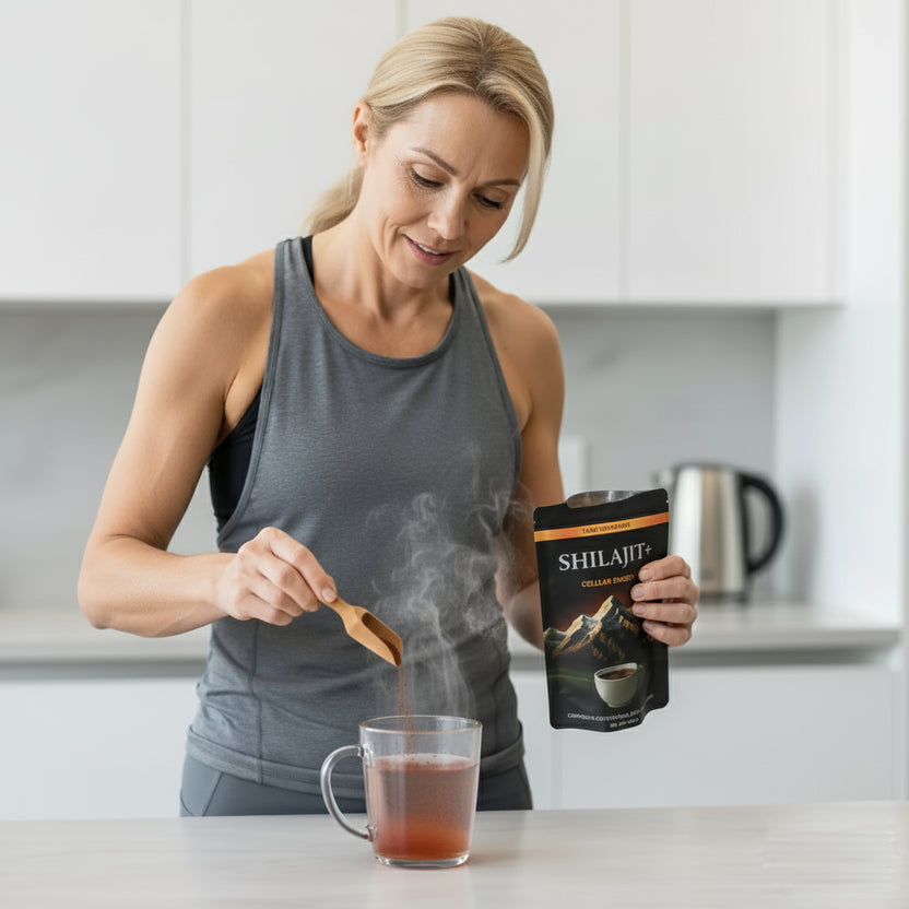 Woman adding 3g of Shilajit+ tea to a cup of hot water