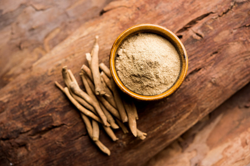 ashwagandha roots and a bowl of powdered ashwagandha on a wooden surface