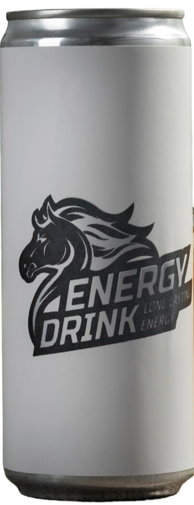 Energy drink can with a horse logo on a white background