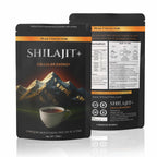 Two Shilajit+ cellular energy packages with mountain design on a white background