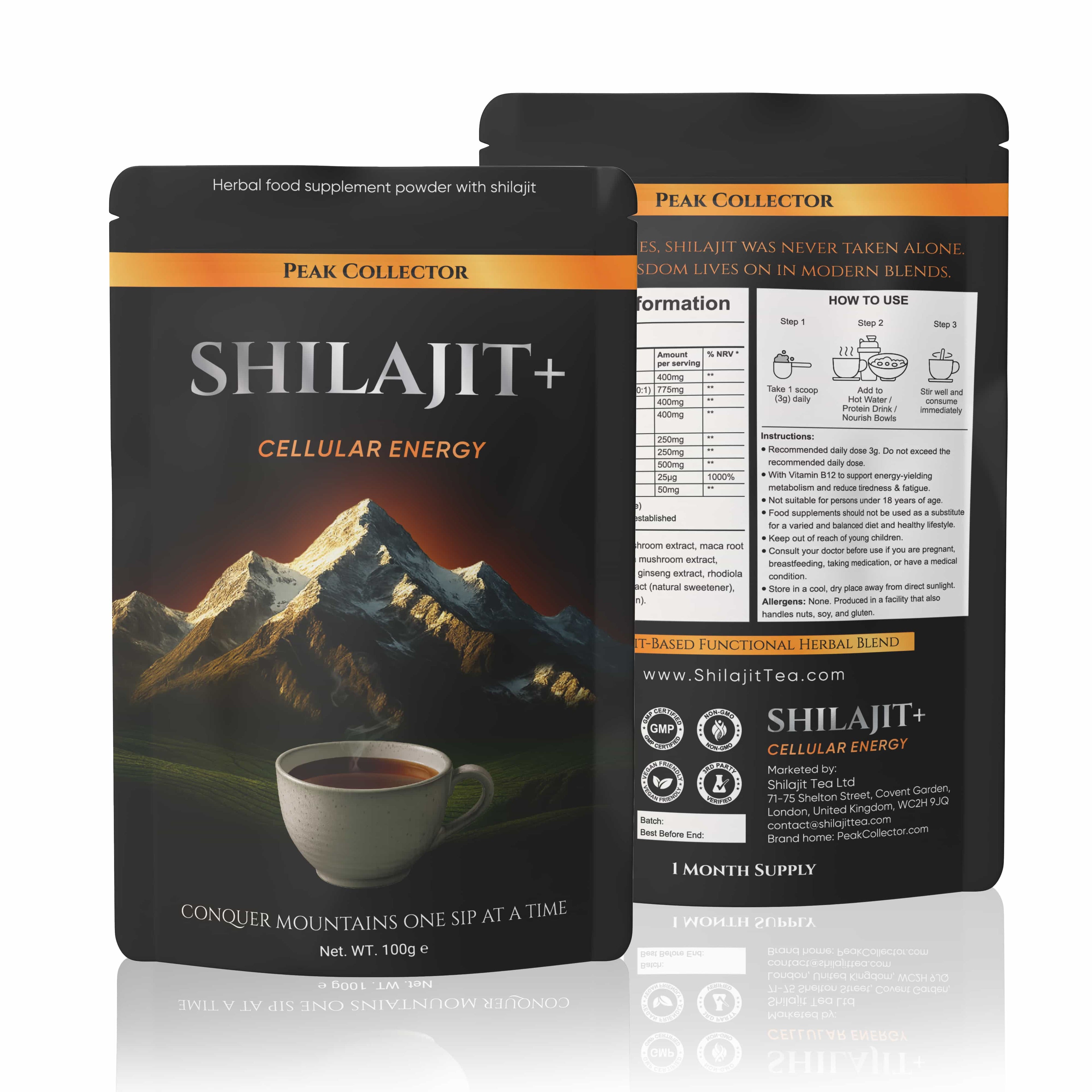 Two Shilajit+ cellular energy packages with mountain design on a white background