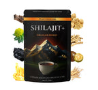 Shilajit supplement packaging with mountain and tea cup design, surrounded by natural elements.