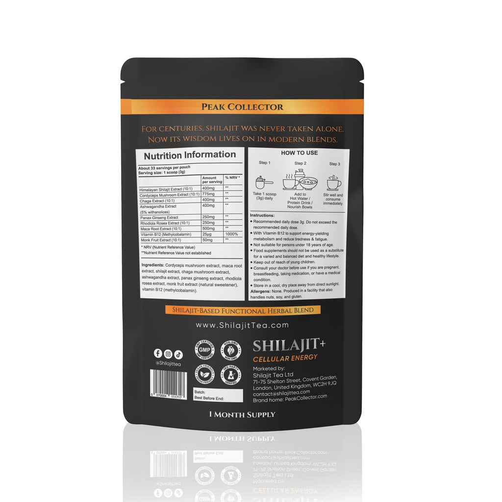 Black package of Shilajit+ with nutrition information and branding on a white background