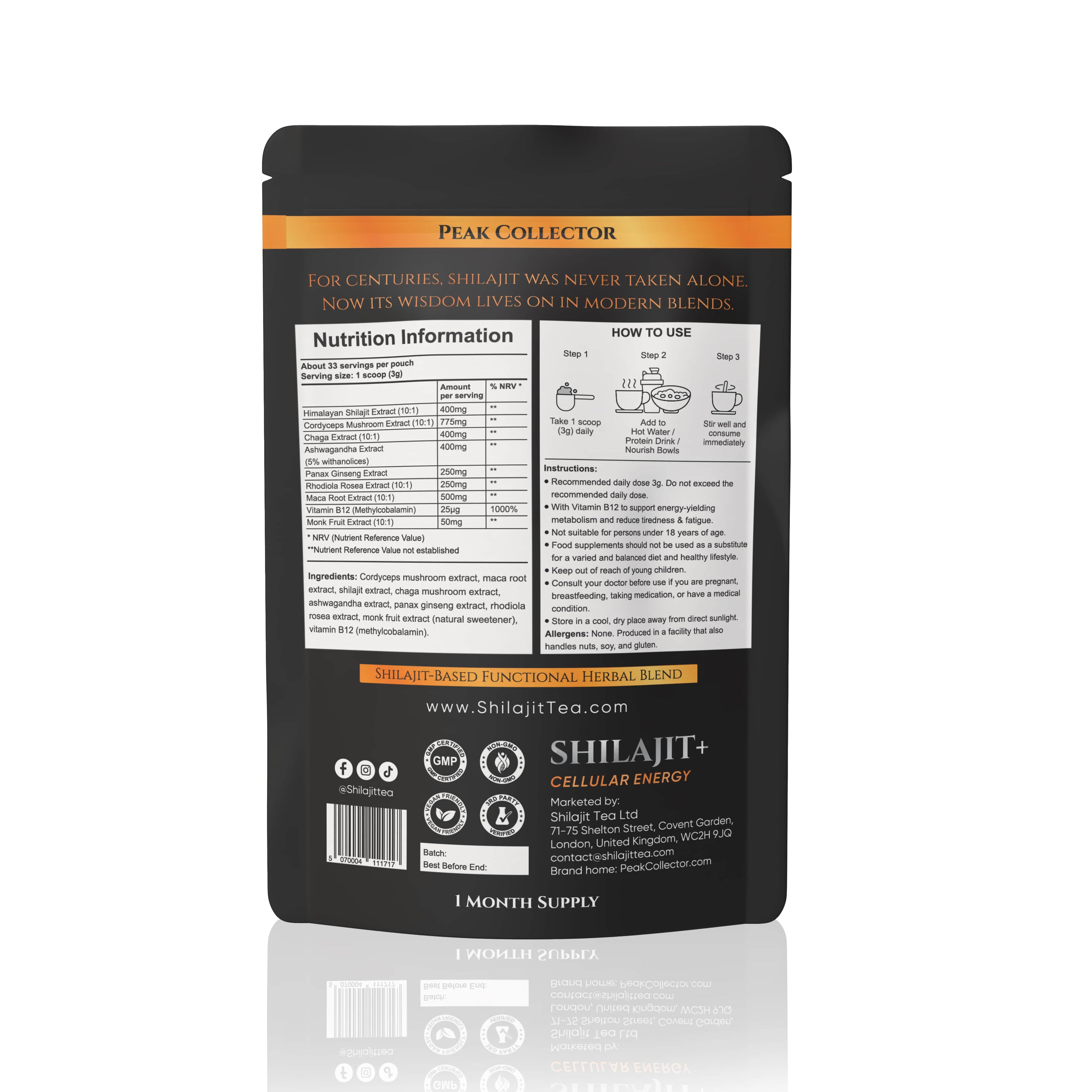 Black package of Shilajit+ with nutrition information and branding on a white background