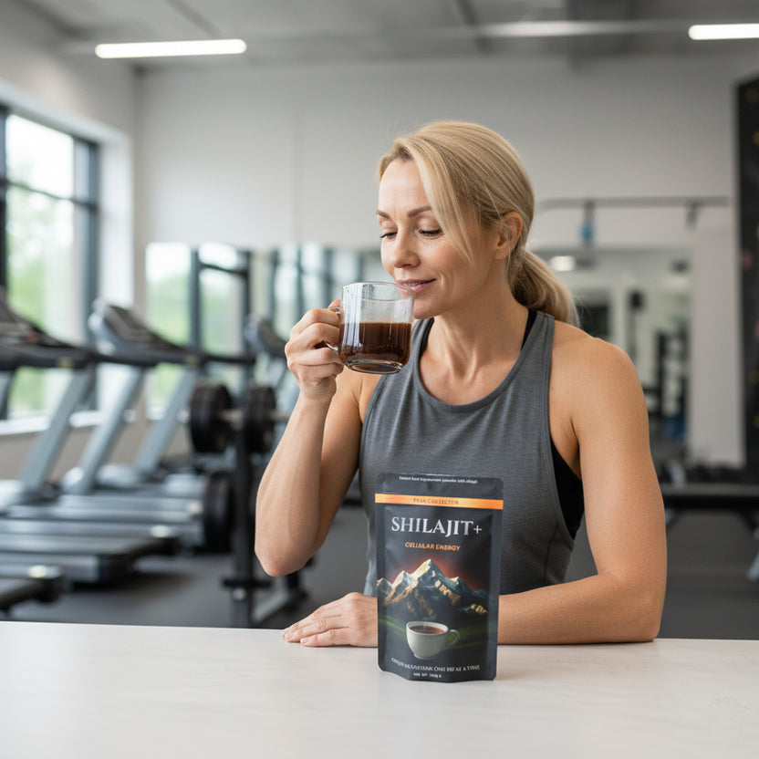 Woman drinking Shilajit+ tea