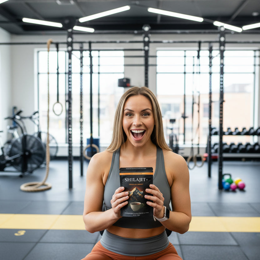 Woman holding Shilajit+ tea pouch in gym