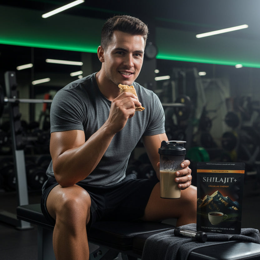 Boy eating puffs with Shilajit+ tea in gym