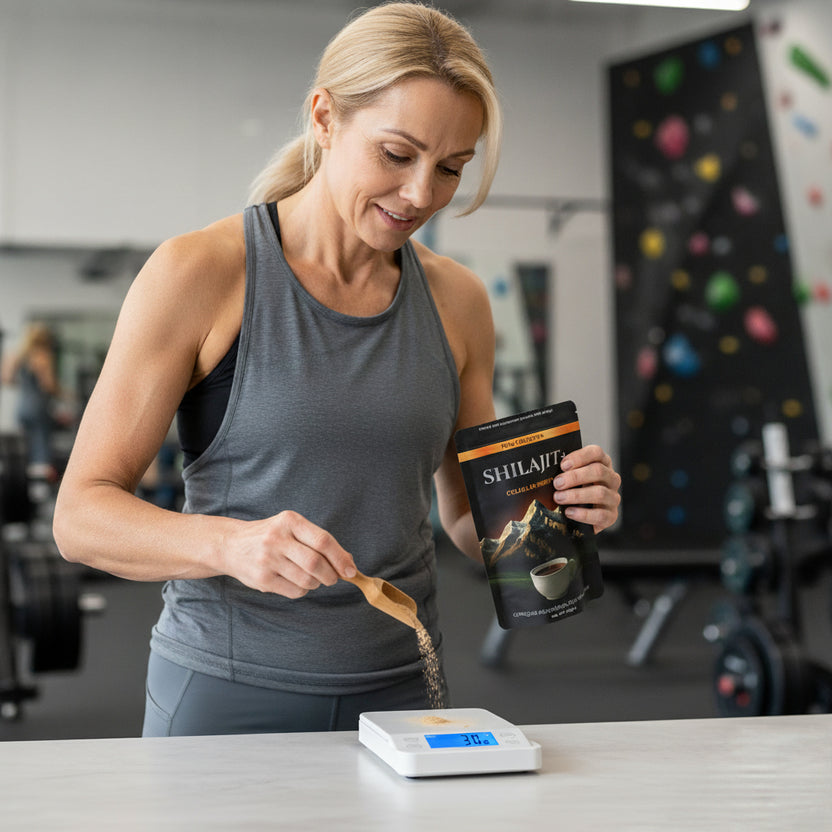 Woman adding 3g of Shilajit+ tea